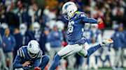 Nov 13, 2025; Foxborough, Massachusetts, USA; New England Patriots kicker Andy Borregales (36) makes the extra point against the New York Jets in the second quarter at Gillette Stadium. Mandatory Credit: David Butler II-Imagn Images