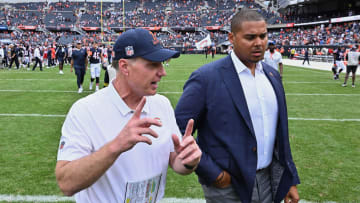 Aug 13, 2022; Chicago, Illinois, USA;  Chicago Bears head coach Matt Eberflus, left, and general manager Ryan Poles walk off the field after the Bears defeated the Kansas City Chiefs 19-14 at Soldier Field. Mandatory Credit: Jamie Sabau-USA TODAY Sports