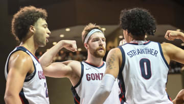 Dec 2, 2022; Sioux Falls, South Dakota, USA;  Gonzaga Bulldogs guard Julian Strawther (0) reacts