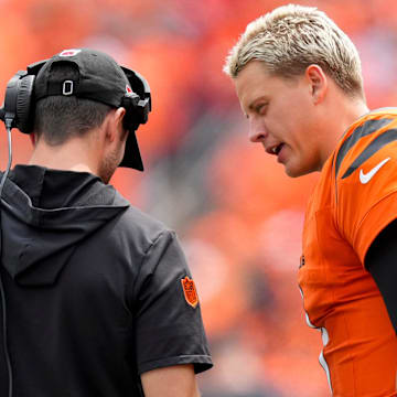 Cincinnati Bengals quarterback Joe Burrow (9) talks on the sideline in the first quarter of the NFL Week 1 game between the Cincinnati Bengals and the New England Patriots at Paycor Stadium in downtown Cincinnati on Sunday, Sept. 8, 2024.