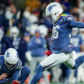 Nov 13, 2025; Foxborough, Massachusetts, USA; New England Patriots kicker Andy Borregales (36) makes the extra point against the New York Jets in the second quarter at Gillette Stadium. Mandatory Credit: David Butler II-Imagn Images