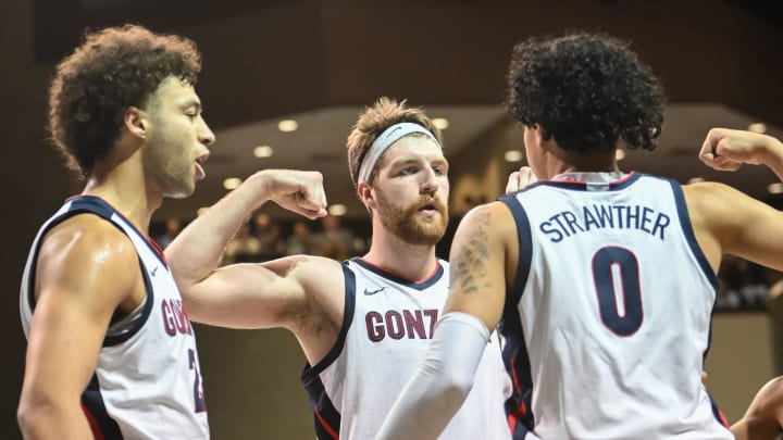 Dec 2, 2022; Sioux Falls, South Dakota, USA;  Gonzaga Bulldogs guard Julian Strawther (0) reacts with forward Drew Timme (2) and forward Anton Watson (22) after a basket against the Baylor Bears in the second half at Sanford Pentagon. Mandatory Credit: Steven Branscombe-USA TODAY Sports