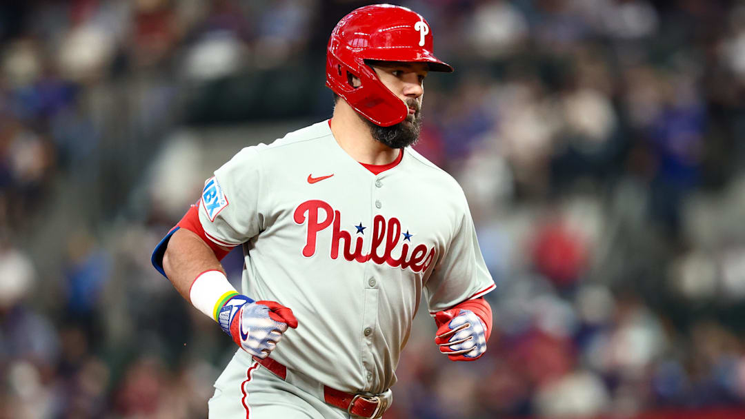 Aug 8, 2025; Arlington, Texas, USA;  Philadelphia Phillies designated hitter Kyle Schwarber (12) runs the bases after hitting a home run during the first inning against the Texas Rangers at Globe Life Field. 