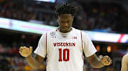 Mar 11, 2017; Washington, DC, USA; Wisconsin Badgers forward Nigel Hayes (10) reacts after a call against the Northwestern Wildcats in the first half during the Big Ten Conference Tournament at Verizon Center.