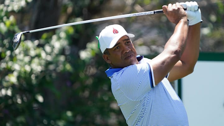 Jhonattan Vegas plays his shot from the third tee during the final round of the THE CJ CUP Byron Nelson golf tournament. 