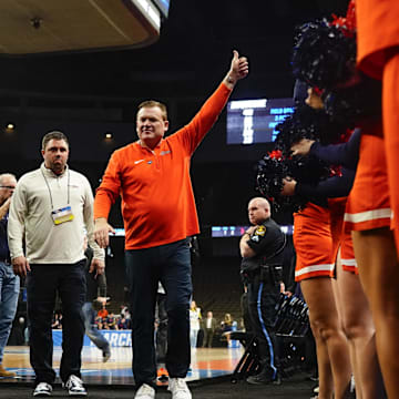 Mar 23, 2024; Omaha, NE, USA; Illinois Fighting Illini head coach Brad Underwood gestures after the game against the Duquesne Dukes in the second round of the 2024 NCAA Tournament at CHI Health Center Omaha. Mandatory Credit: Dylan Widger-Imagn Images