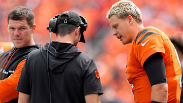 Cincinnati Bengals quarterback Joe Burrow (9) talks on the sideline in the first quarter of the NFL Week 1 game between the Cincinnati Bengals and the New England Patriots at Paycor Stadium in downtown Cincinnati on Sunday, Sept. 8, 2024.
