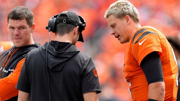 Cincinnati Bengals quarterback Joe Burrow (9) talks on the sideline in the first quarter of the NFL Week 1 game between the Cincinnati Bengals and the New England Patriots at Paycor Stadium in downtown Cincinnati on Sunday, Sept. 8, 2024.