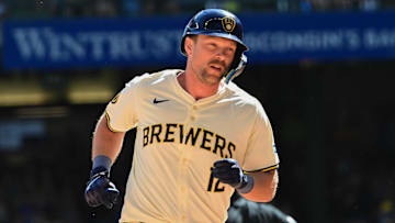 Sep 2, 2024; Milwaukee, Wisconsin, USA; Milwaukee Brewers first baseman Rhys Hoskins (12) runs the bases after hitting a 2-run home run in the fourth inning against the St. Louis Cardinals at American Family Field. Mandatory Credit: Benny Sieu-Imagn Images