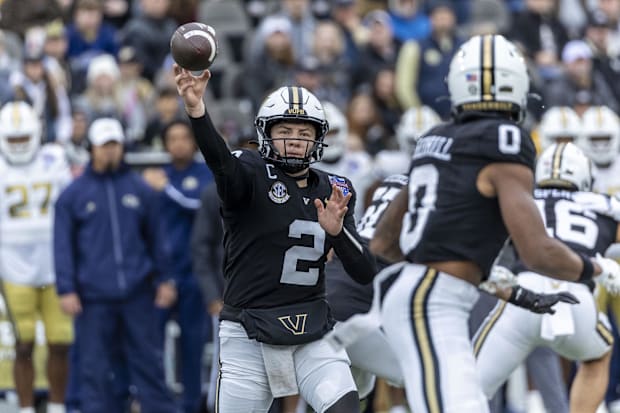 Vanderbilt Commodores quarterback Diego Pavia (2) throws the ball to Vanderbilt Commodores wide receiver Junior Sherrill (0).
