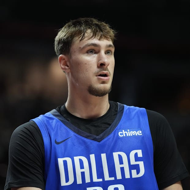 Dallas Mavericks forward Cooper Flagg looks on against the San Antonio Spurs