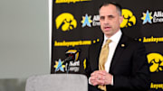 Ben McCollum, Iowa's new head men's basketball coach, speaks during his introductory press conference Tuesday, March 25, 2025 at Carver-Hawkeye Arena in Iowa City, Iowa.
