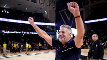 Auburn head coach Bruce Pearl celebrates their victory against Vanderbilt at Memorial Gym in Nashville, Tenn., Tuesday, Feb. 11, 2025.