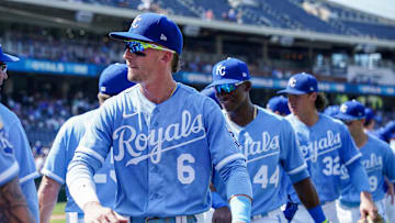 Jul 16, 2023; Kansas City, Missouri, USA; Kansas City Royals right fielder Drew Waters (6) and center fielder Dairon Blanco (44) and first baseman Nick Pratto (32) celebrate after the win over the Tampa Bay Rays during the game at Kauffman Stadium. Mandatory Credit: Denny Medley-Imagn Images