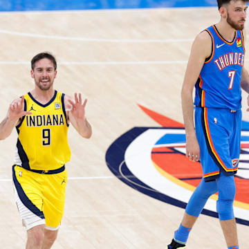 Jun 22, 2025; Oklahoma City, Oklahoma, USA; Indiana Pacers guard T.J. McConnell (9) reacts during the first half of game seven of the 2025 NBA Finals against the Oklahoma City Thunder at Paycom Center. Mandatory Credit: Alonzo Adams-Imagn Images