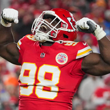 Dec 8, 2024; Kansas City, Missouri, USA; Kansas City Chiefs defensive tackle Tershawn Wharton (98) celebrates after a sack against the Los Angeles Chargers during the first half at GEHA Field at Arrowhead Stadium. Mandatory Credit: Denny Medley-Imagn Images