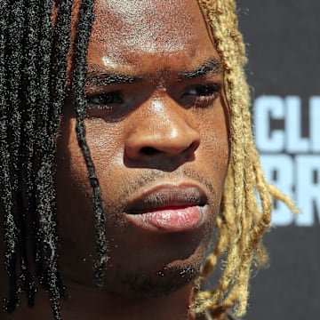 Cleveland Browns running back Quinshon Judkins (10) takes questions from reporters during NFL rookie minicamp at the Cleveland Browns training facility on Friday, May 9, 2025, in Berea, Ohio.