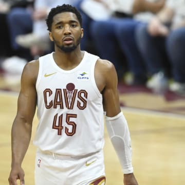 May 11, 2024; Cleveland, Ohio, USA; Cleveland Cavaliers guard Donovan Mitchell (45) reacts during Game 3 vs. the Boston Celtics.