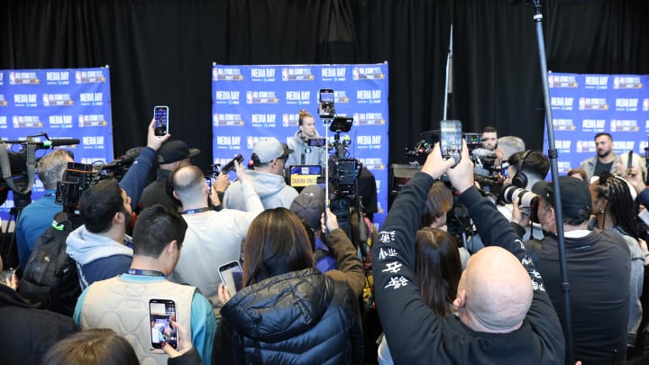 Feb 17, 2024; Indianapolis, IN, USA; New York Liberty guard Sabrina Ionescu (20) talks about the shooting contest against Steph Curry during NBA All Star practice press conferences at Gainbridge Fieldhouse. Mandatory Credit: Trevor Ruszkowski-USA TODAY Sports