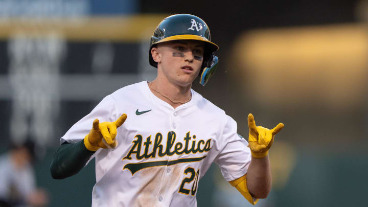 Aug 6, 2024; Oakland, California, USA;  Oakland Athletics second base Zack Gelof (20) reacts to the dugout after hitting a solo home run during the fourth inning against the Chicago White Sox at Oakland-Alameda County Coliseum. Mandatory Credit: Stan Szeto-USA TODAY Sports