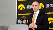 Ben McCollum, Iowa's new head men's basketball coach, speaks during his introductory press conference Tuesday, March 25, 2025 at Carver-Hawkeye Arena in Iowa City, Iowa.