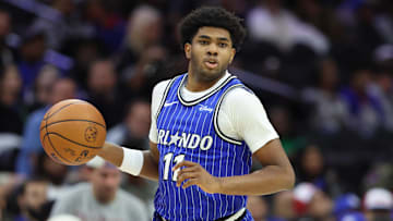 Oct 10, 2025; Philadelphia, Pennsylvania, USA; Orlando Magic guard Jase Richardson (11) dribbles the ball against the Philadelphia 76ers during the third quarter at Xfinity Mobile Arena. Mandatory Credit: Bill Streicher-Imagn Images
