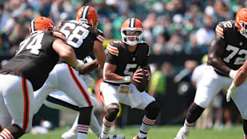Aug 16, 2025; Philadelphia, Pennsylvania, USA; Cleveland Browns quarterback Dillon Gabriel (5) scrambles from the pocket against the Philadelphia Eagles in the first half at Lincoln Financial Field. Mandatory Credit: Kyle Ross-Imagn Images