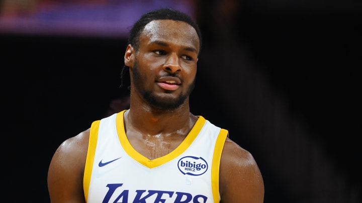 Jul 10, 2024; San Francisco, CA, USA; Los Angeles Lakers guard Bronny James Jr. (9) between plays against the Miami Heat during the fourth quarter at Chase Center. Mandatory Credit: Kelley L Cox-USA TODAY Sports