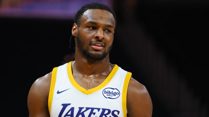 Jul 10, 2024; San Francisco, CA, USA; Los Angeles Lakers guard Bronny James Jr. (9) between plays against the Miami Heat during the fourth quarter at Chase Center.