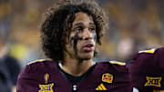 Nov 28, 2025; Tempe, Arizona, USA; Arizona State Sun Devils wide receiver Jordyn Tyson (0) against the Arizona Wildcats during the 99th Territorial Cup at Mountain America Stadium. Mandatory Credit: Mark J. Rebilas-Imagn Images