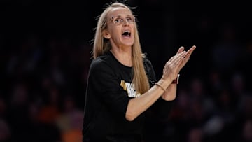 Vanderbilt head coach Shea Ralph celebrates a play during the first quarter against Tennessee at Memorial Gym in Nashville, Tenn., Sunday, Jan. 19, 2025.