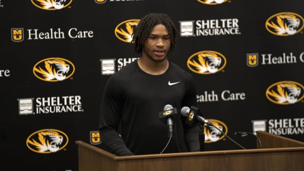 Missouri Tigers safety speaks to the media after practice Tuesday, August 13 at Faurot Field in Columbia, Mo.