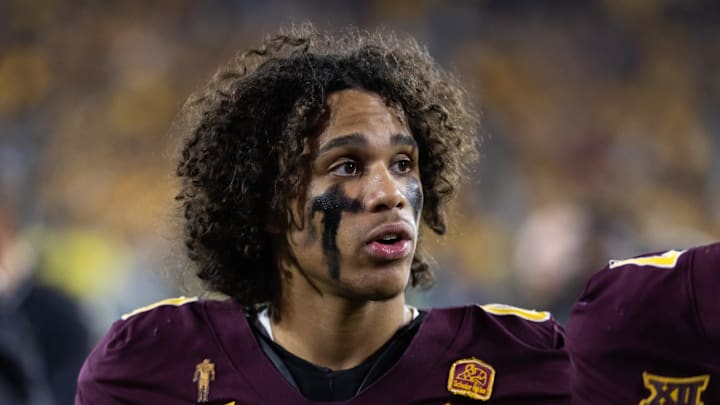 Nov 28, 2025; Tempe, Arizona, USA; Arizona State Sun Devils wide receiver Jordyn Tyson (0) against the Arizona Wildcats during the 99th Territorial Cup at Mountain America Stadium. Mandatory Credit: Mark J. Rebilas-Imagn Images