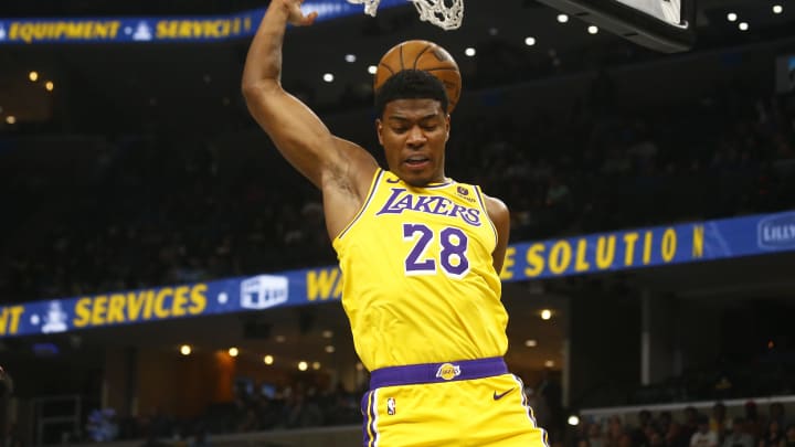 Apr 12, 2024; Memphis, Tennessee, USA; Los Angeles Lakers forward Rui Hachimura (28) dunks during the first half against the Memphis Grizzlies at FedExForum.