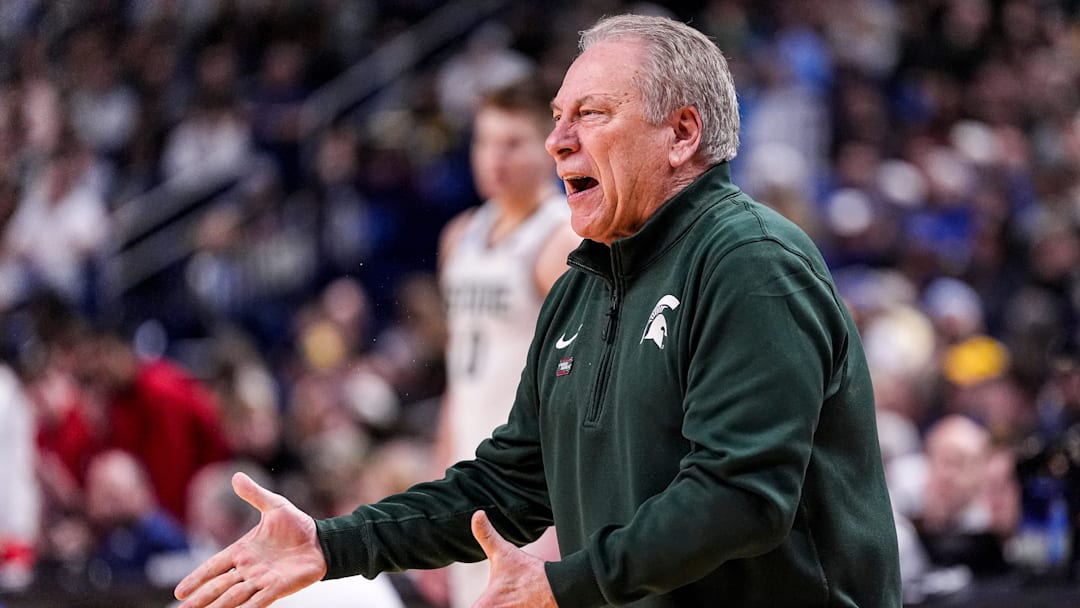 Michigan State head coach Tom Izzo reacts to a play against Louisville during the first half of NCAA Tournament Second Round at KeyBank Center in Buffalo on Saturday, March 21, 2026.
