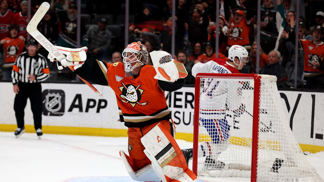 Mar 6, 2026; Anaheim, California, USA;  Anaheim Ducks goaltender Lukas Dostal (1) reacts after blocking a shot by Montreal Canadiens center Oliver Kapanen (91) during a shootout at Honda Center. Mandatory Credit: Kiyoshi Mio-Imagn Images