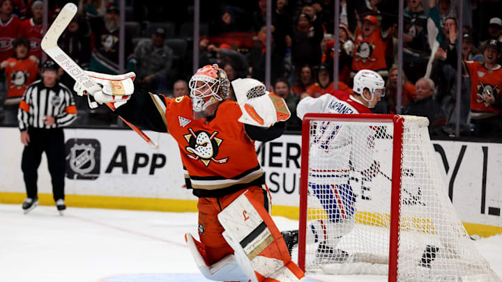 Mar 6, 2026; Anaheim, California, USA;  Anaheim Ducks goaltender Lukas Dostal (1) reacts after blocking a shot by Montreal Canadiens center Oliver Kapanen (91) during a shootout at Honda Center. Mandatory Credit: Kiyoshi Mio-Imagn Images