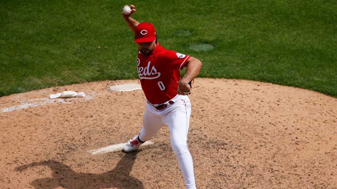 Cincinnati Reds shortstop Alex Blandino (0) throws a pitch in the eighth inning of the MLB National League game between the Cincinnati Reds and the San Francisco Giants at Great American Ball Park in downtown Cincinnati on Thursday, May 20, 2021. The Giants carried an 18-2 lead over the Reds in the bottom of the eighth.

San Francisco Giants At Cincinnati Reds