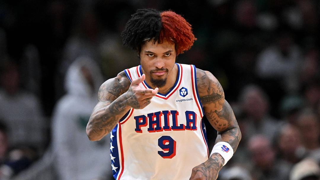Apr 21, 2026; Boston, Massachusetts, USA; Philadelphia 76ers guard Kelly Oubre Jr. (9) reacts after making a three-point basket against the Boston Celtics in the second half of a game two of the first round of the 2026 NBA Playoffs at TD Garden. Mandatory Credit: Brian Fluharty-Imagn Images