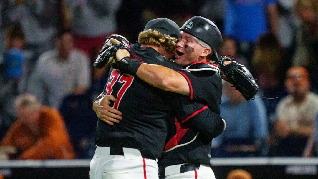 Jun 13, 2026; Omaha, NE, USA; Georgia Bulldogs starting pitcher Joey Volchko (37) and catcher Daniel Jackson (3) celebrate after defeating the Texas Longhorns at Charles Schwab Field. Mandatory Credit: Dylan Widger-Imagn Images Jun 13, 2026; Omaha, NE, USA; Georgia Bulldogs starting pitcher Joey Volchko (37) and catcher Daniel Jackson (3) celebrate after defeating the Texas Longhorns at Charles Schwab Field. Mandatory Credit: Dylan Widger-Imagn Images
