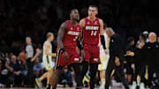 Nov 26, 2024; Miami, Florida, USA; Miami Heat guard Terry Rozier (2) celebrates with guard Tyler Herro (14) after scoring against the Milwaukee Bucks during the fourth quarter at Kaseya Center. Mandatory Credit: Sam Navarro-Imagn Images
