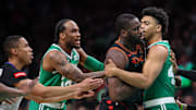 Mar 17, 2024; Washington, District of Columbia, USA; Boston Celtics guard Jaden Springer (44) is called for a flagrant foul against Washington Wizards forward Eugene Omoruyi (97) during the second half of the game at Capital One Arena. Mandatory Credit: Scott Taetsch-Imagn Images