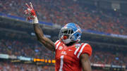 Jan 1, 2016; New Orleans, LA, USA; Mississippi Rebels wide receiver Laquon Treadwell (1) celebrates his ten-yard touchdown catch against the Oklahoma State Cowboys in the second quarter of the 2016 Sugar Bowl at the Mercedes-Benz Superdome. Mandatory Credit: Chuck Cook-USA TODAY Sports