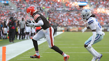 Cleveland Browns wide receiver Jerry Jeudy (3) scores a touchdown ahead of Dallas Cowboys cornerback Caelen Carson during the second half of an NFL football game at Huntington Bank Field, Sunday, Sept. 8, 2024, in Cleveland, Ohio.