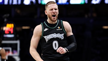 Nov 30, 2025; Minneapolis, Minnesota, USA; Minnesota Timberwolves guard Donte DiVincenzo (0) celebrates his three point basket against the San Antonio Spurs during the second half at Target Center. Mandatory Credit: Matt Krohn-Imagn Images