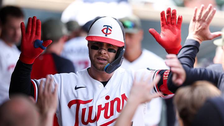 May 17, 2026; Minneapolis, Minnesota, USA; Minnesota Twins designated hitter Ryan Jeffers (27) celebrates his solo home run against the Milwaukee Brewers during the fifth inning at Target Field. Mandatory Credit: Matt Krohn-Imagn Images