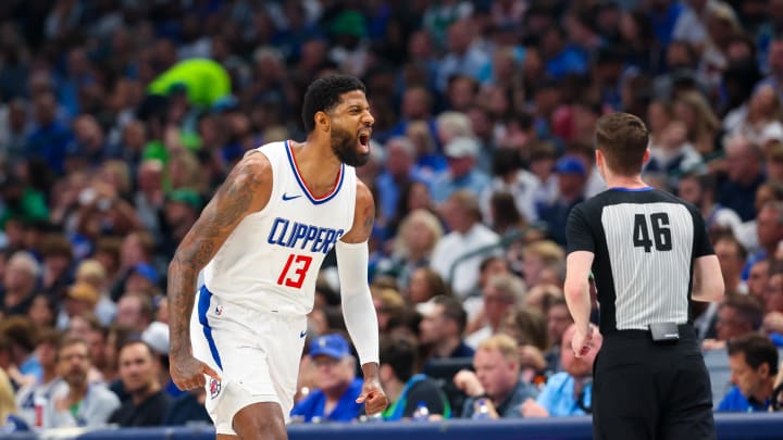 Apr 28, 2024; Dallas, Texas, USA;  LA Clippers forward Paul George (13) reacts after scoring during the first quarter against the Dallas Mavericks during game four of the first round for the 2024 NBA playoffs at American Airlines Center. Mandatory Credit: Kevin Jairaj-USA TODAY Sports