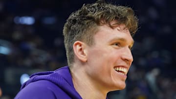 Oct 5, 2025; San Francisco, California, USA;  Los Angeles Lakers forward Dalton Knecht (4) warms up before the game against the Golden State Warriors at Chase Center. Mandatory Credit: David Gonzales-Imagn Images