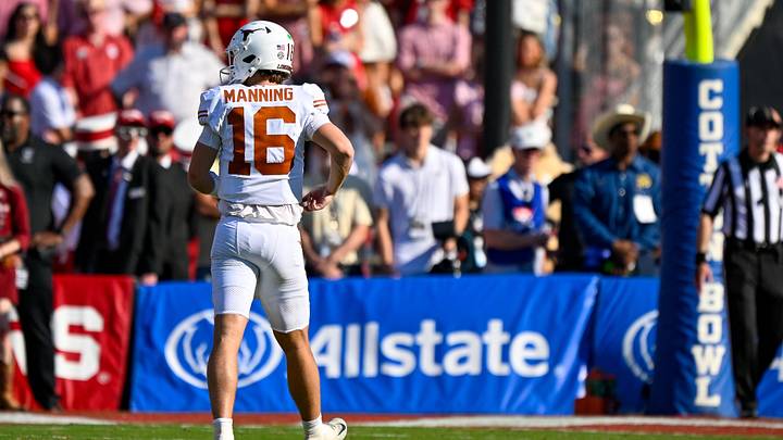 Oct 10, 2026; Dallas, Texas, USA; Texas Longhorns quarterback Arch Manning (16) looks on during the game between the Sooners and the Longhorns at Cotton Bowl. Mandatory Credit: Jerome Miron-Imagn Images