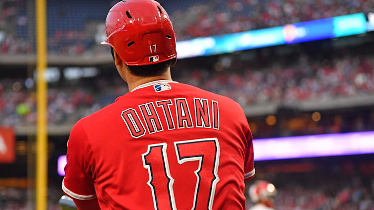 Aug 28, 2023; Philadelphia, Pennsylvania, USA; Los Angeles Angels designated hitter Shohei Ohtani